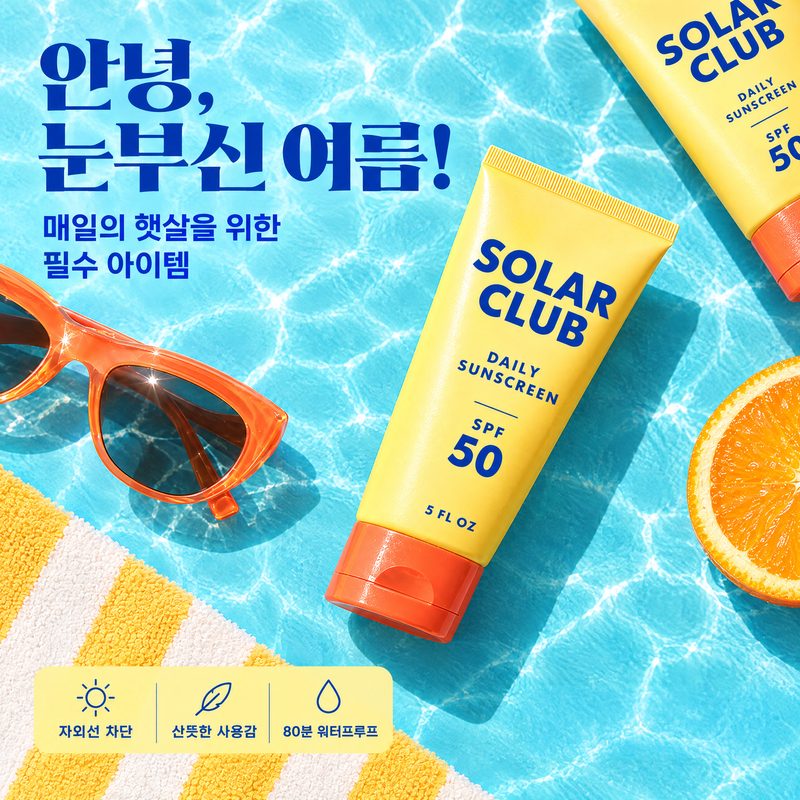 브랜드 인지도 목적 광고 예시 — 여름 무드와 제품 특징을 강조한 선크림 광고