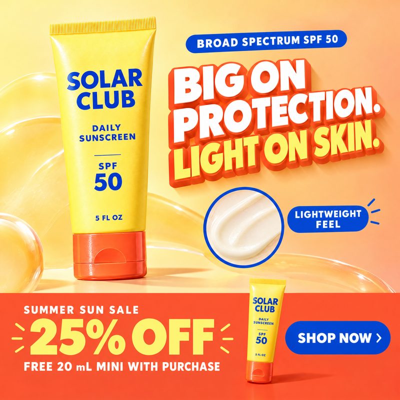Conversion ad example: sunscreen ad leading with a 25% discount and a Shop now button